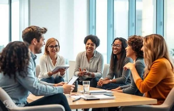 Business colleagues discuss using AI